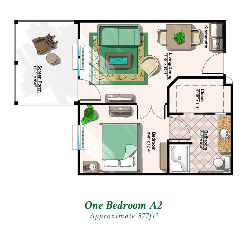 One Bedroom A2 floorplan