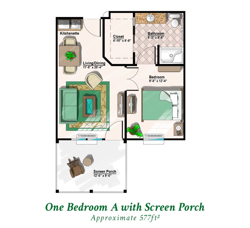 One Bedroom A with Screen Porch floorplan