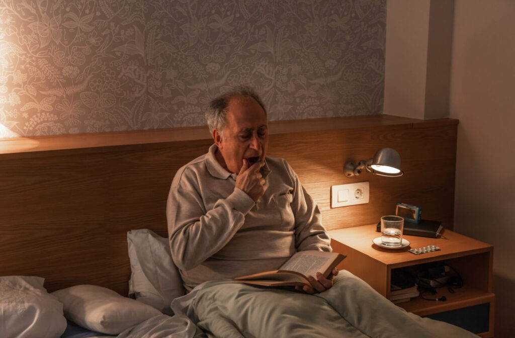 An older adult reading before bed, is yawning in their dimly-lit bedroom.