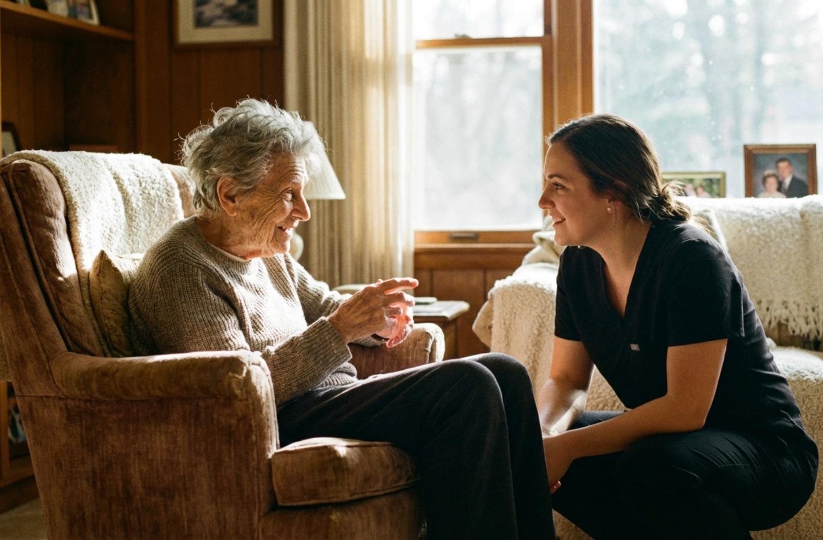 carer and a senioir sit and chat