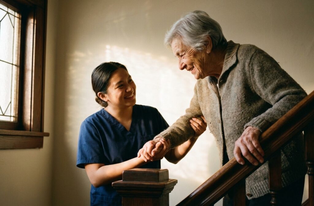 Caregiver supporting a smiling senior person walking down a staircase in a sunlit home environment.