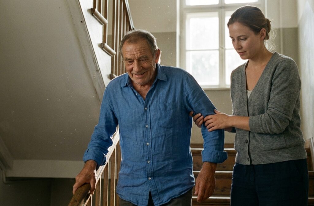 Smiling senior adult in a blue shirt supported by a caregiver while descending stairs in a well-lit residence.
