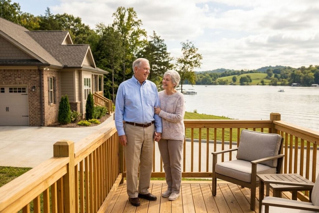 Two older adults stand on a wooden deck, holding hands and smiling, with a house and lake in the background.