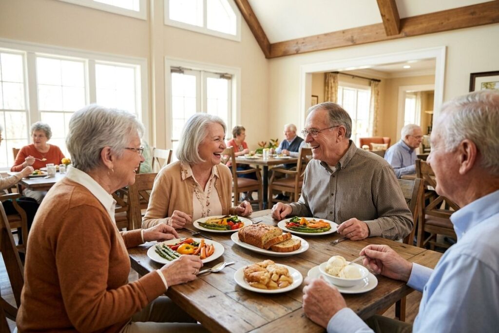 Four older adults sit at a dining room table in a bright setting, smiling and talking over a meal.