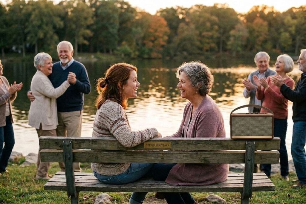 Two smiling adults sit facing each other on a bench by a lake, with a radio beside them, while other adults dance and clap in the background.