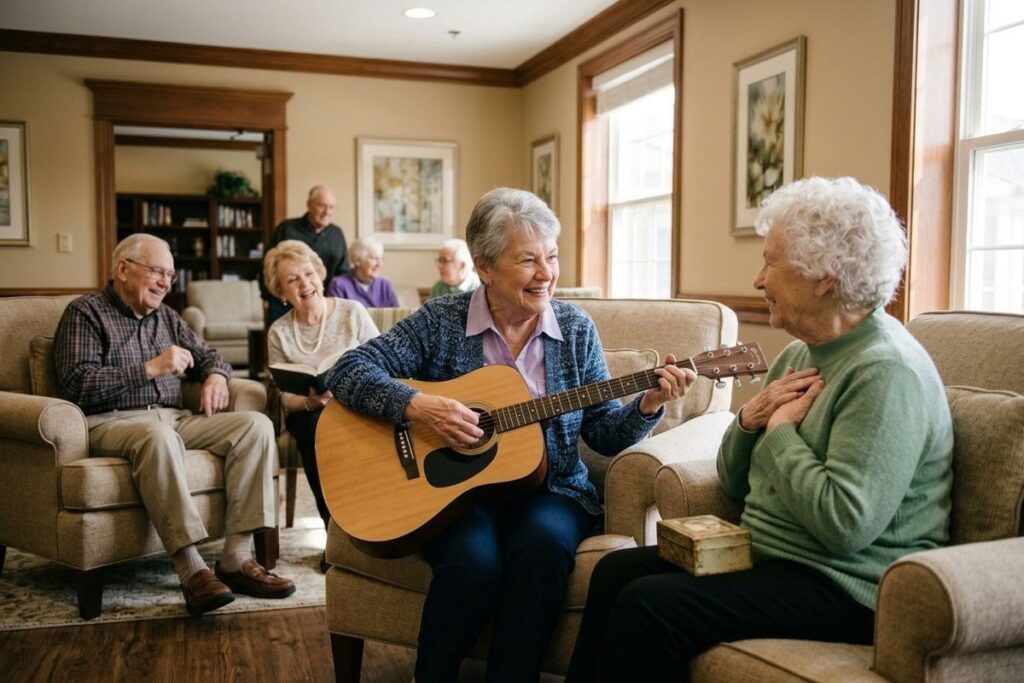 An older adult plays an acoustic guitar in a lounge while another older adult listens. Several other older adults watch in the background.